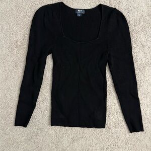 Maeve Black Ribbed Square-Neck Long-Sleeve Top